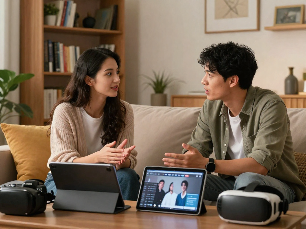 Couple discussing sex AI technology in a cozy living room, surrounded by modern devices