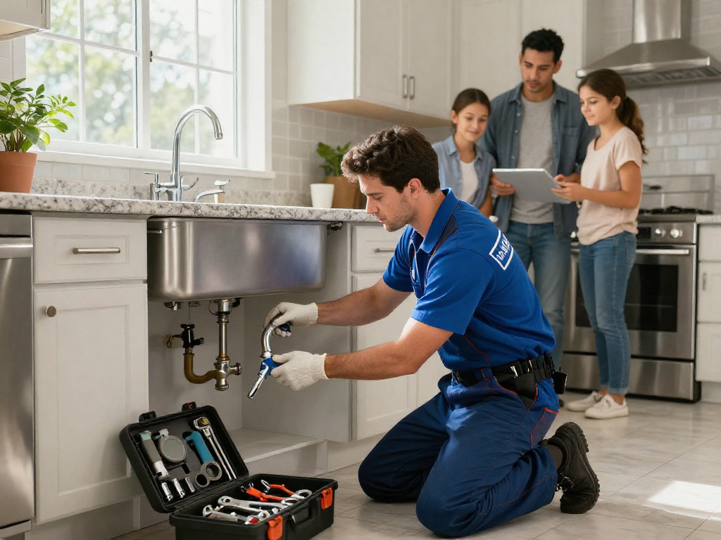 Skilled plumber from Blue Moon Plumbing and Rooter repairing a sink in a modern kitchen.