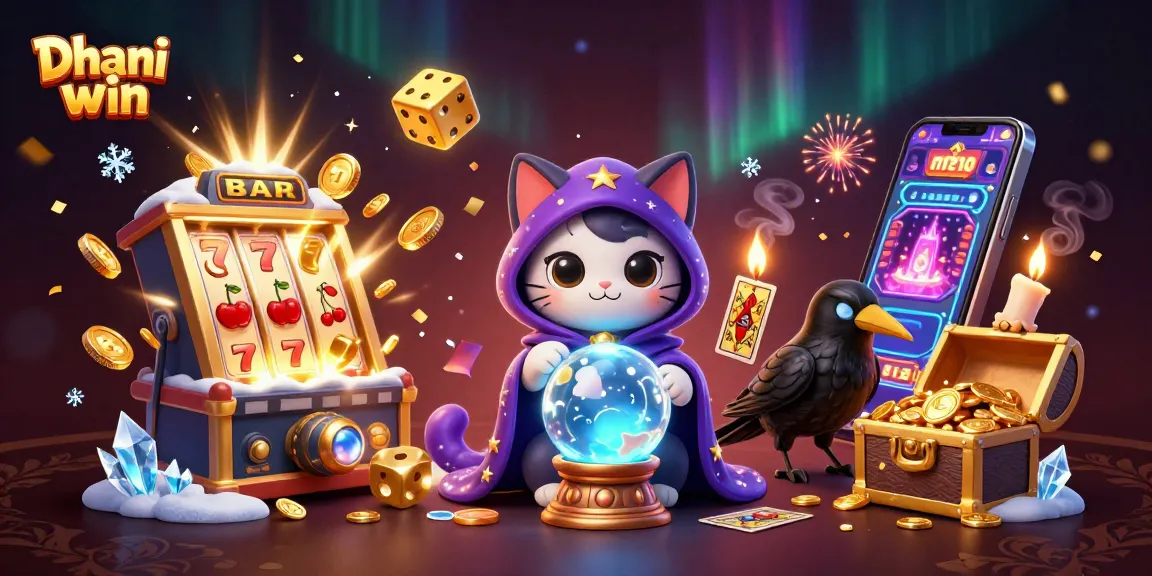 Dhani Win slot game scene featuring a mystical cat, raven, and animated candle flames amidst a jackpot explosion.