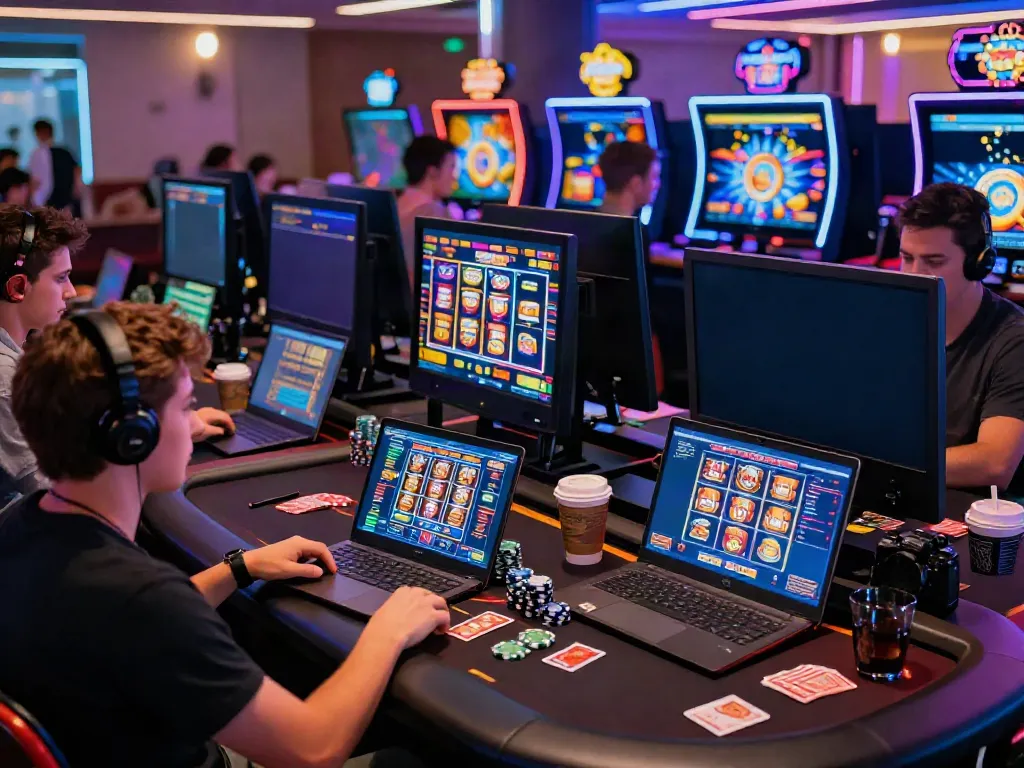 Players enjoying games at casinos that accept credit card, with vibrant graphics and modern devices.