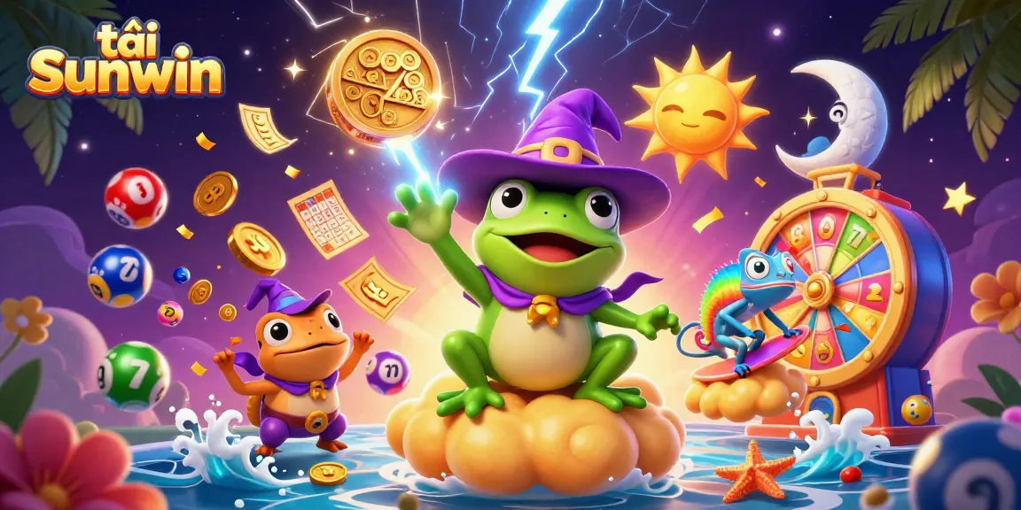 Engage with tải sunwin as a weather wizard frog unleashes golden coin storms in a vibrant casino scene.