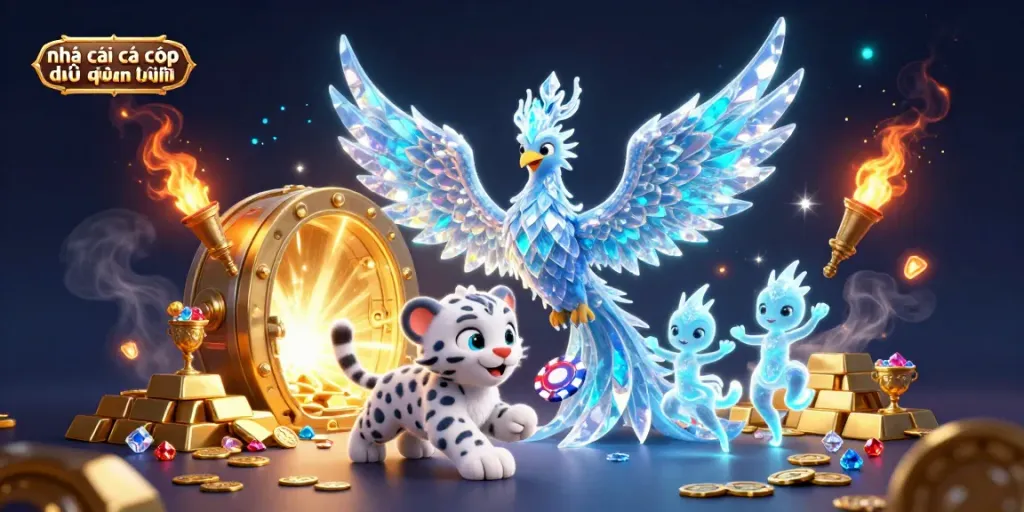 Engaging illustration of nhà cái cá cược uy tín được quan tâm featuring a vibrant ice phoenix in a dynamic casino scene.