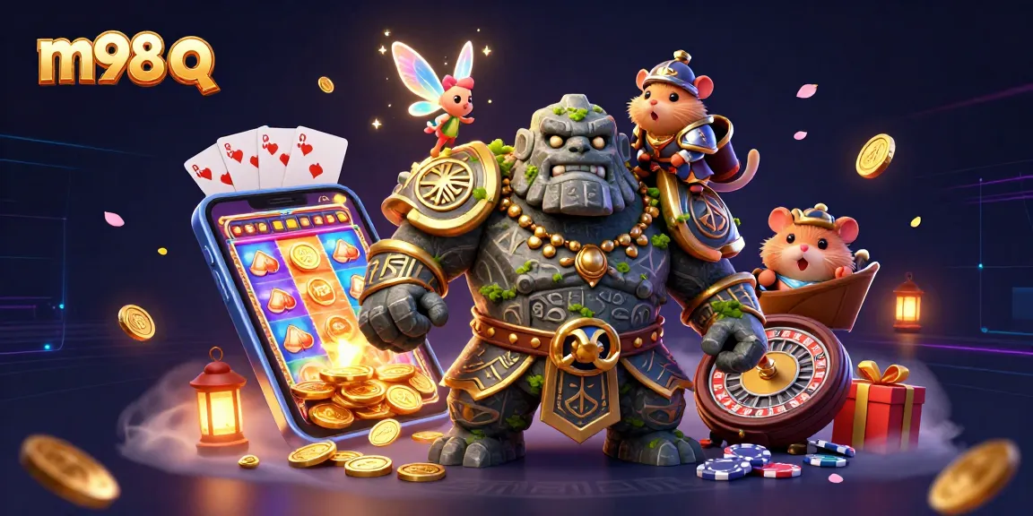 Featuring the m98 q slot game, a lively scene with a golem and hamster knight amidst gaming elements.
